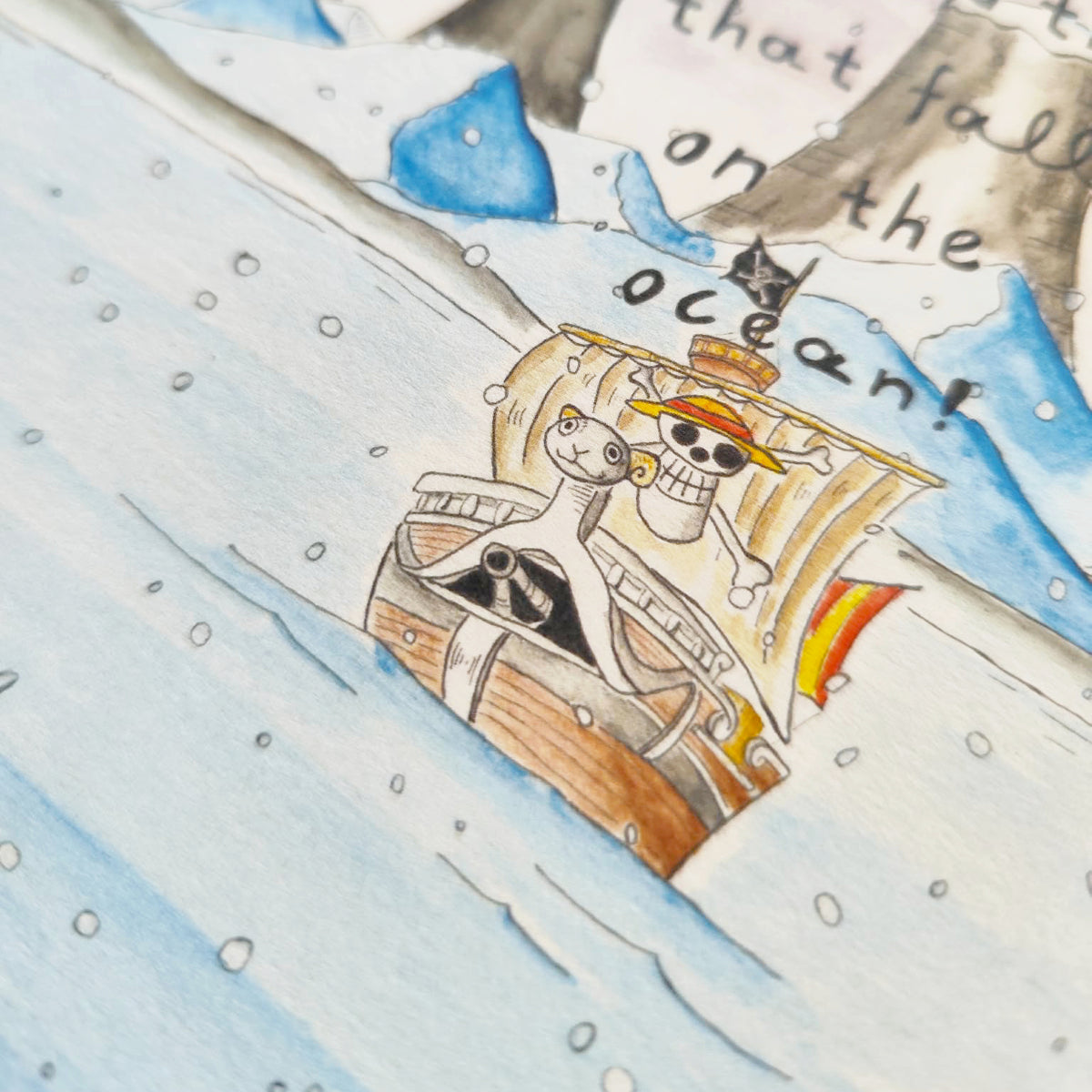 Close-up view of Beyond The Snow art print showing snowy watercolor artwork details