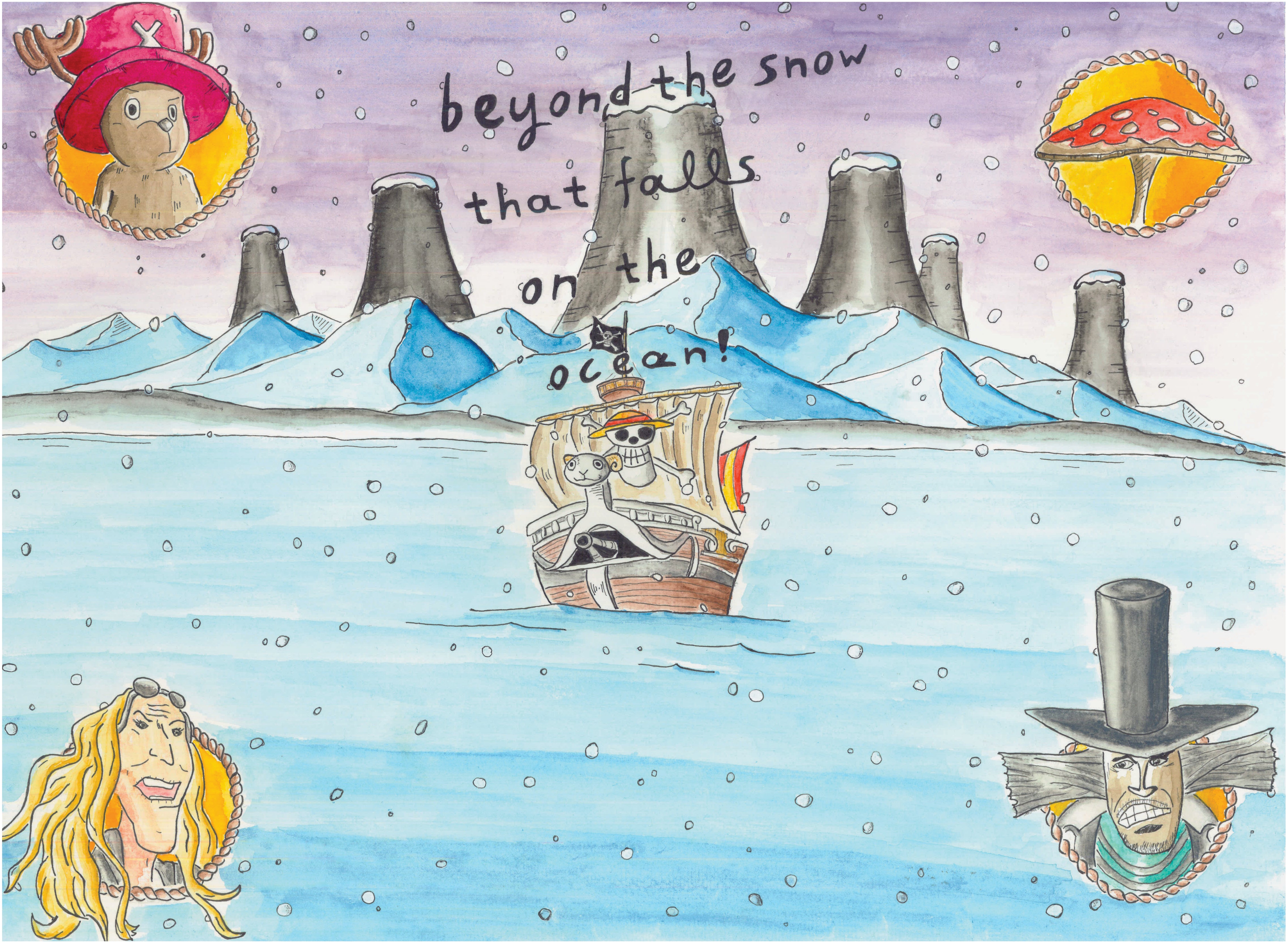 Final watercolor illustration of the artwork “Beyond the Snow”