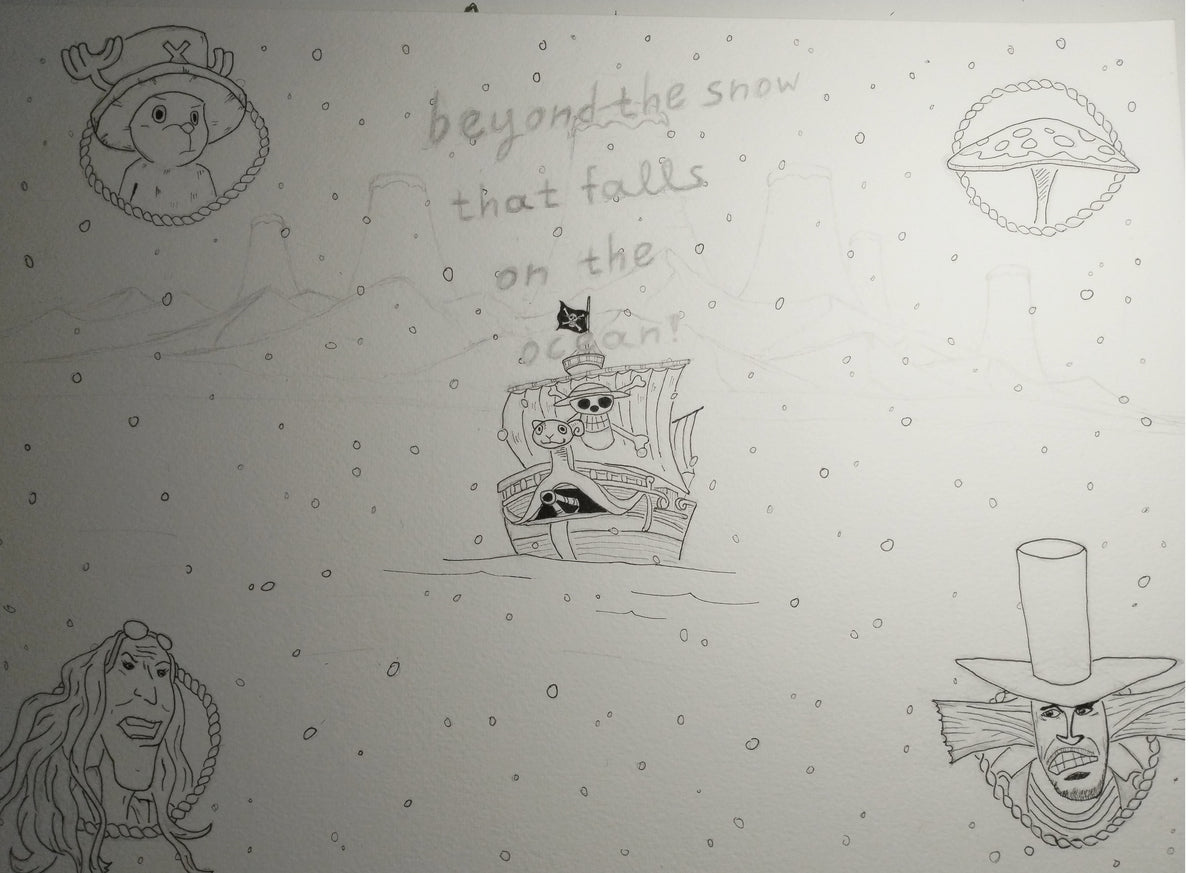 Hand-drawn pencil sketch for the artwork “Beyond the Snow”