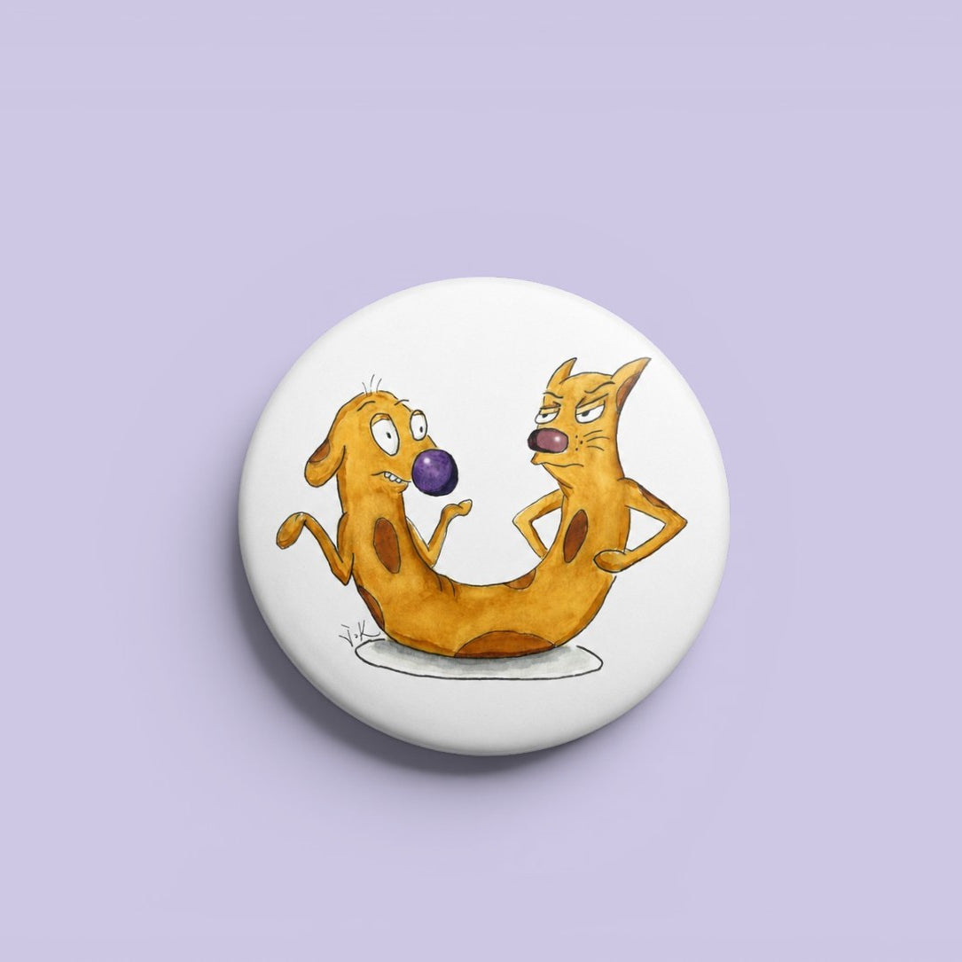 Cat-me If You Can illustrated pin button by Sketch Stories.