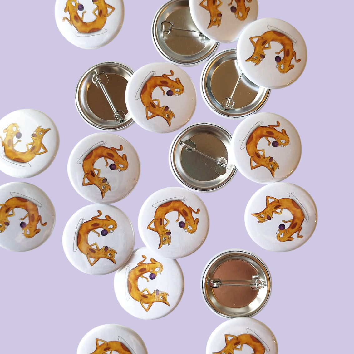 Cat-me If You Can illustrated pin button displayed with other illustrated pin buttons by Sketch Stories.