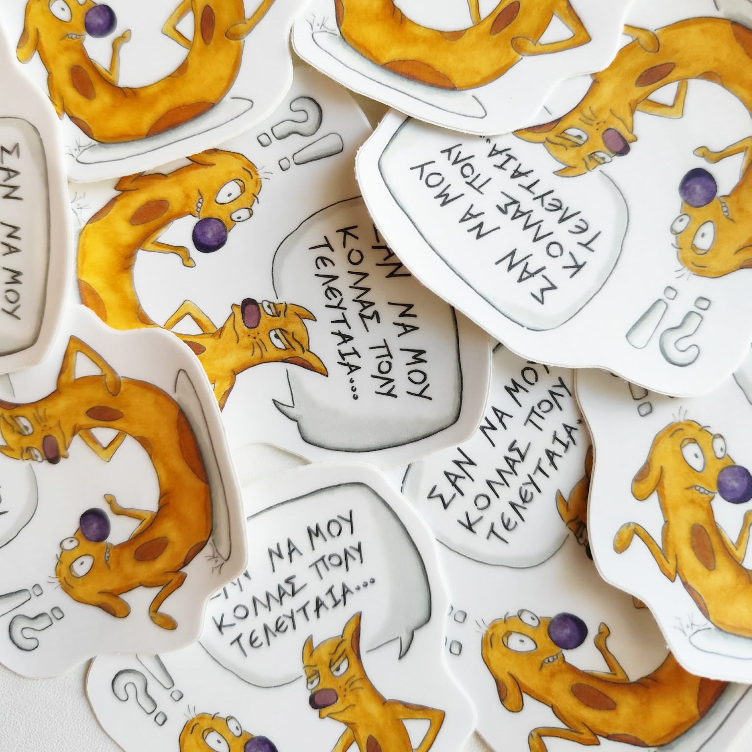 Cat-ch Me If You Can illustrated vinyl stickers displayed together.