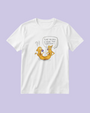 White unisex T-shirt featuring the hand-drawn "Cat-ch Me If You Can" cartoon illustration by Sketch Stories