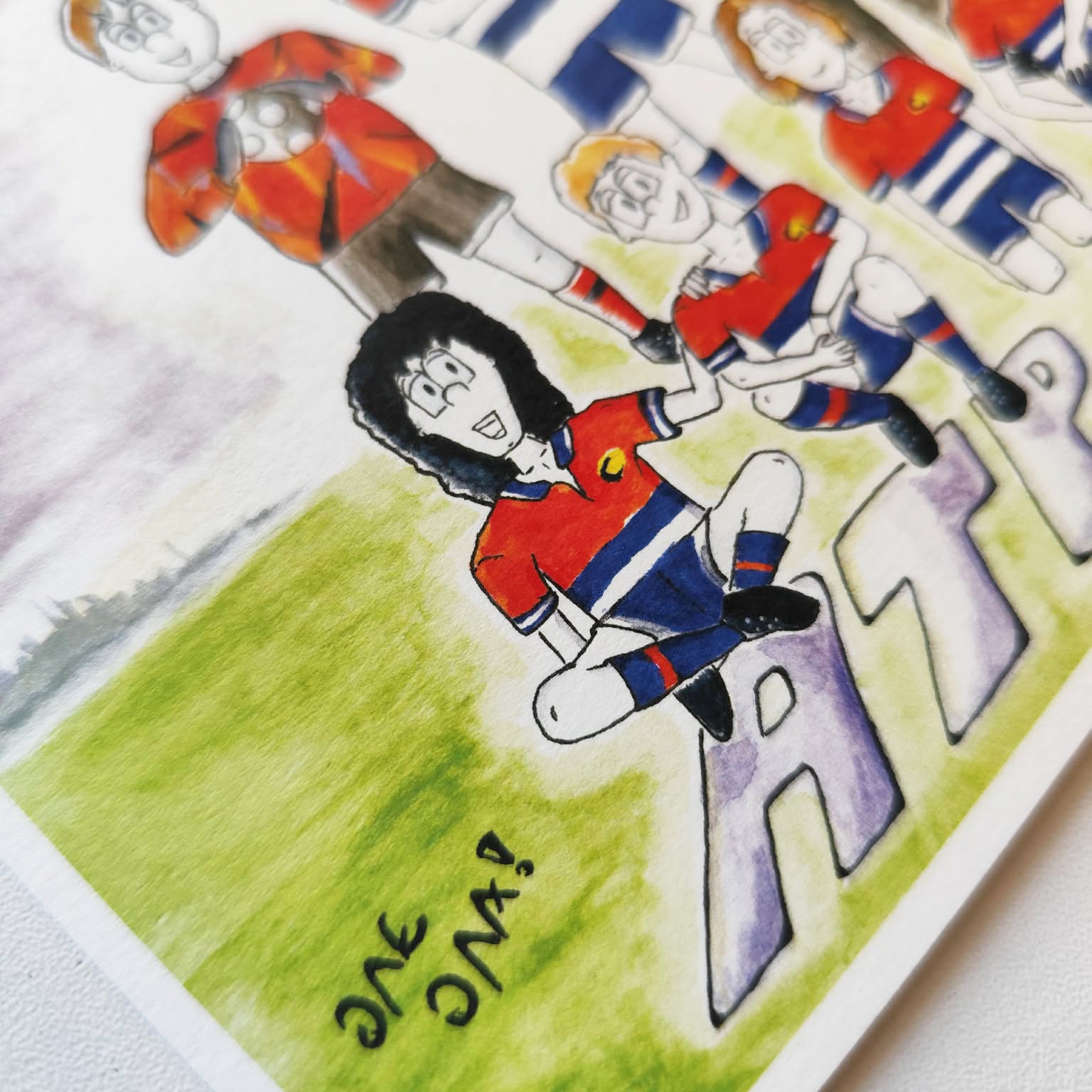 Close-up view of Cebollitas art print showing hand-drawn watercolor details