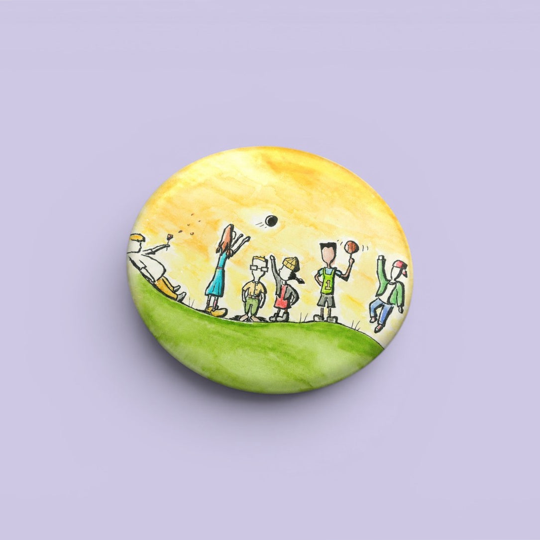 Childhood Days illustrated pin button by Sketch Stories.