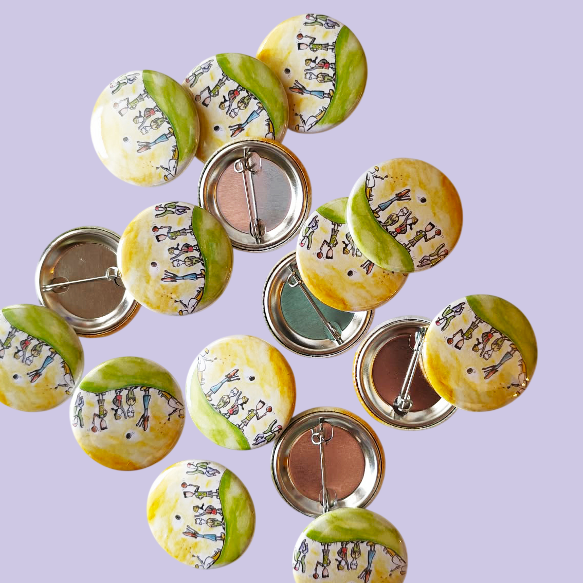 Childhood Days illustrated pin button displayed with other illustrated pin buttons by Sketch Stories.