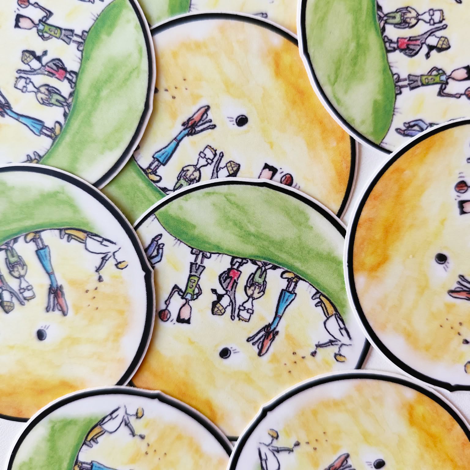 Childhood Days illustrated vinyl stickers displayed together.