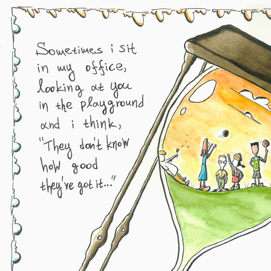 Close-up view of Childhood Memories art print showing hand-drawn watercolor details
