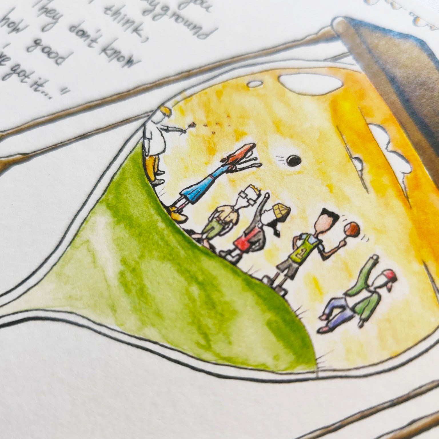Close-up view of Childhood Memories art print showing hand-drawn watercolor details