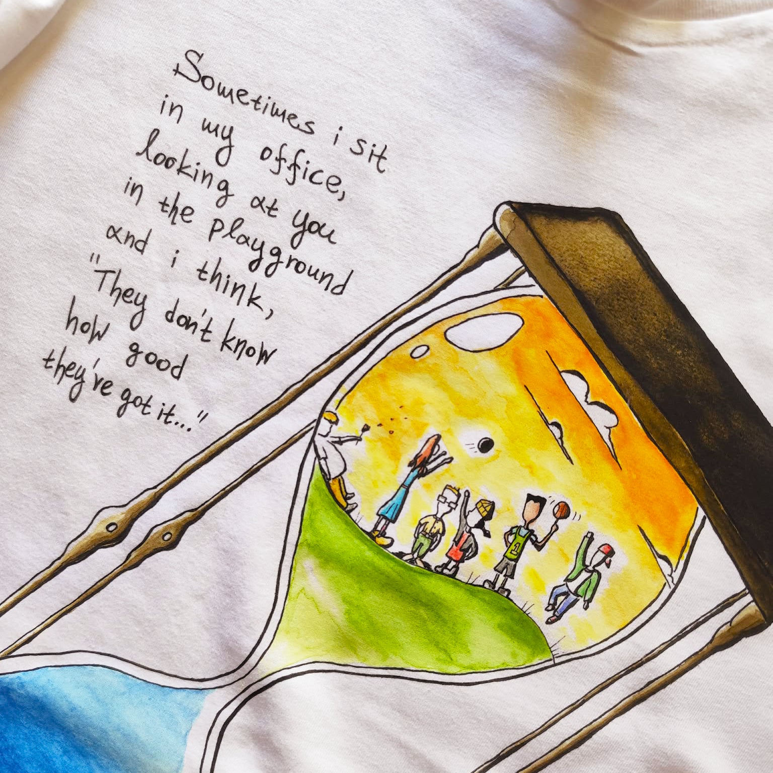 Close-up of the Childhood Memories T-Shirt design featuring the upper part of the hand-drawn hourglass illustration.