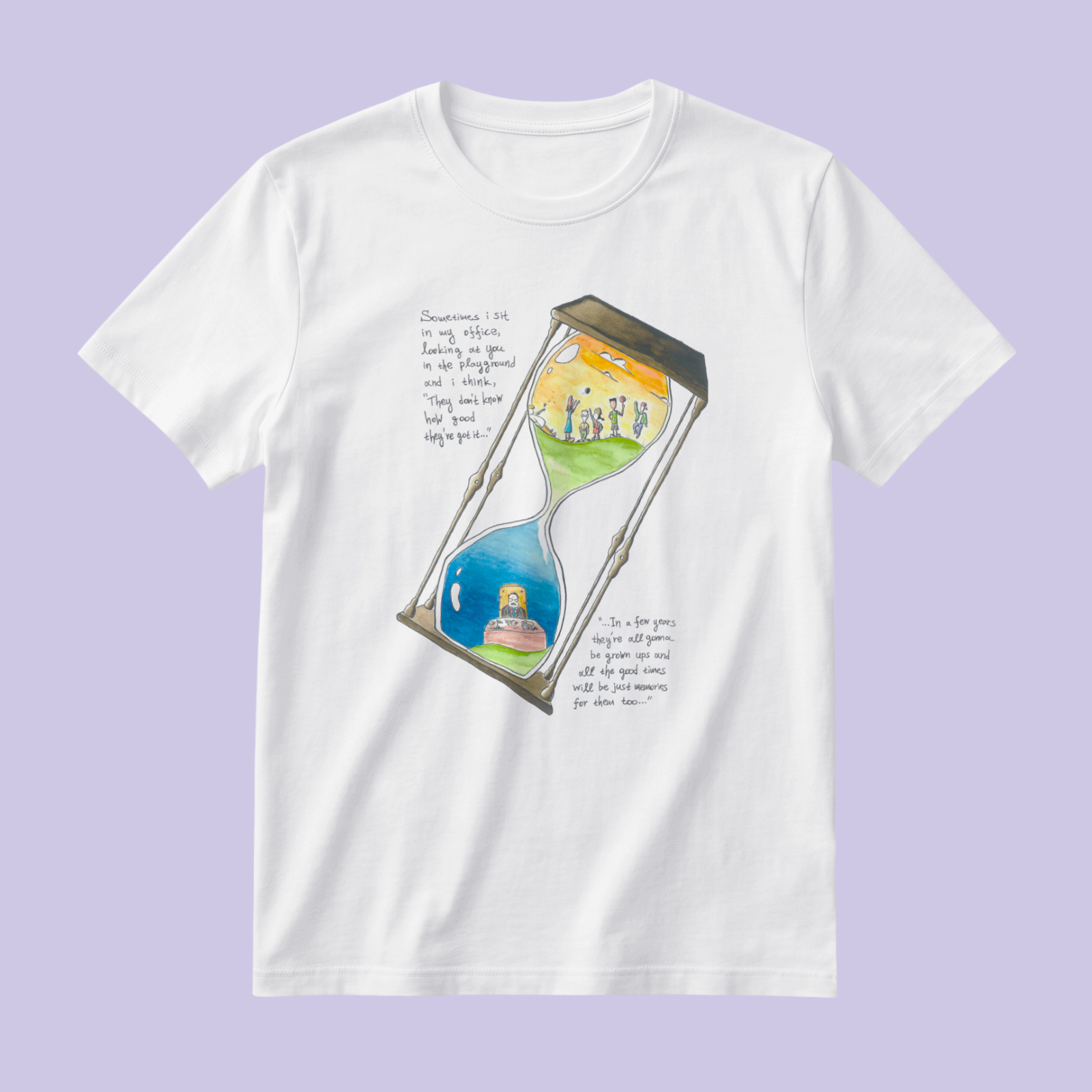 White unisex t-shirt with the hand-drawn "Childhood Memories" design by Sketch Stories.
