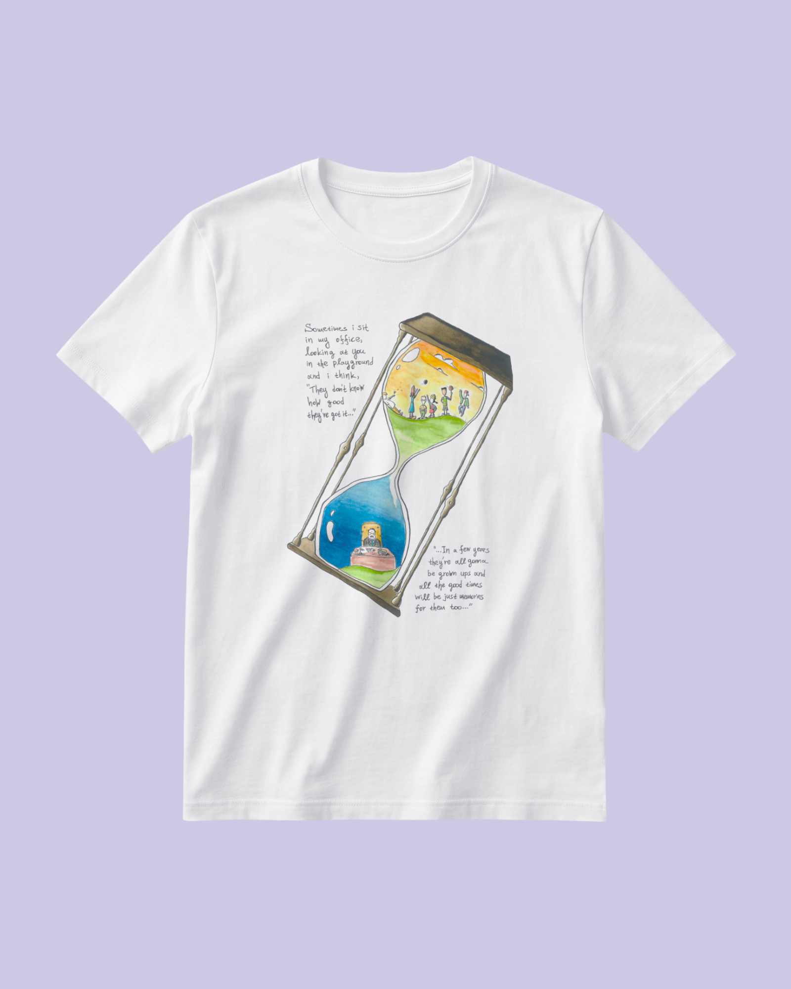 White unisex t-shirt with the hand-drawn "Childhood Memories" design by Sketch Stories.