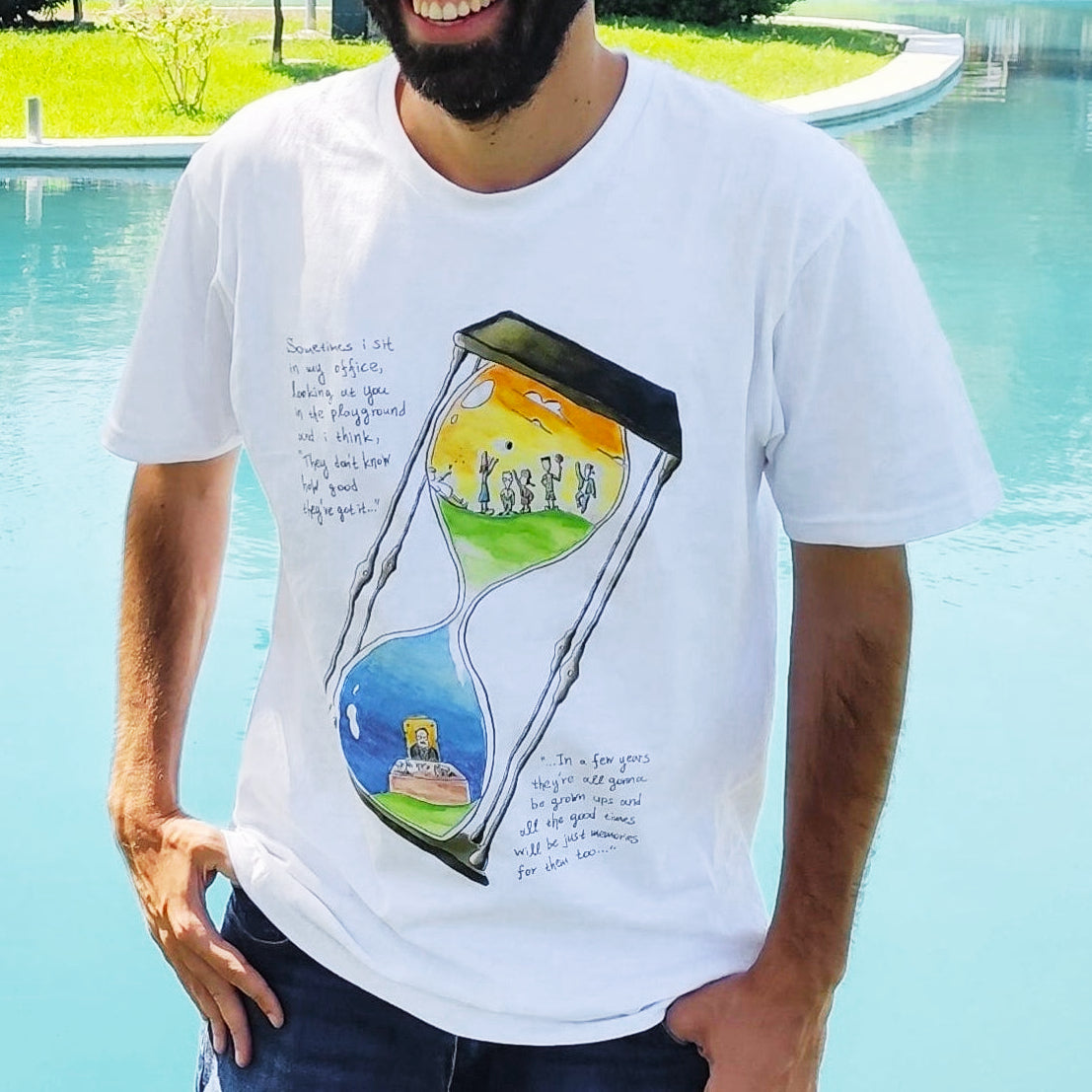 Person wearing the Childhood Memories unisex T-shirt outdoors by Sketch Stories
