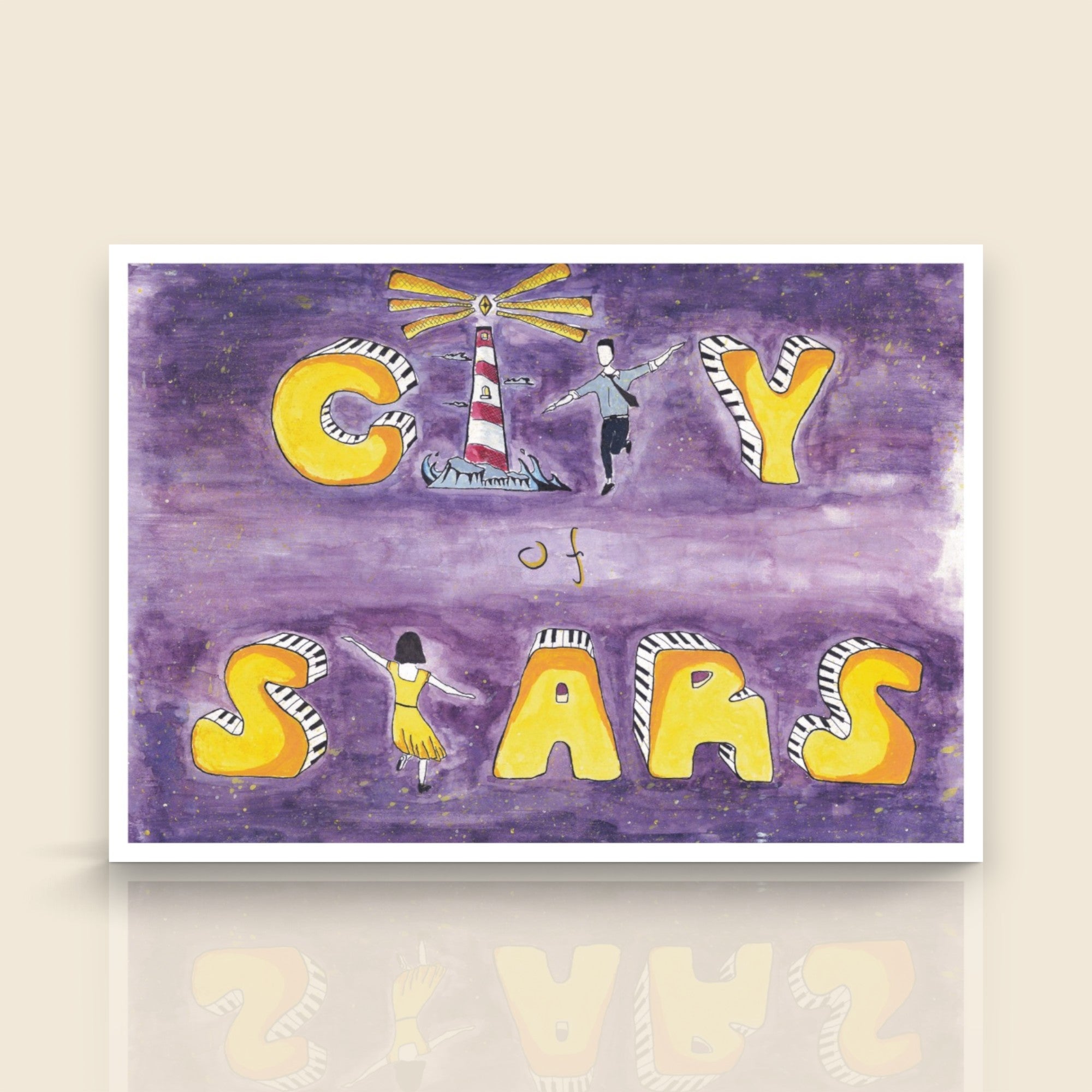City of Stars art print featuring a dreamy watercolor illustration inspired by music and cinema