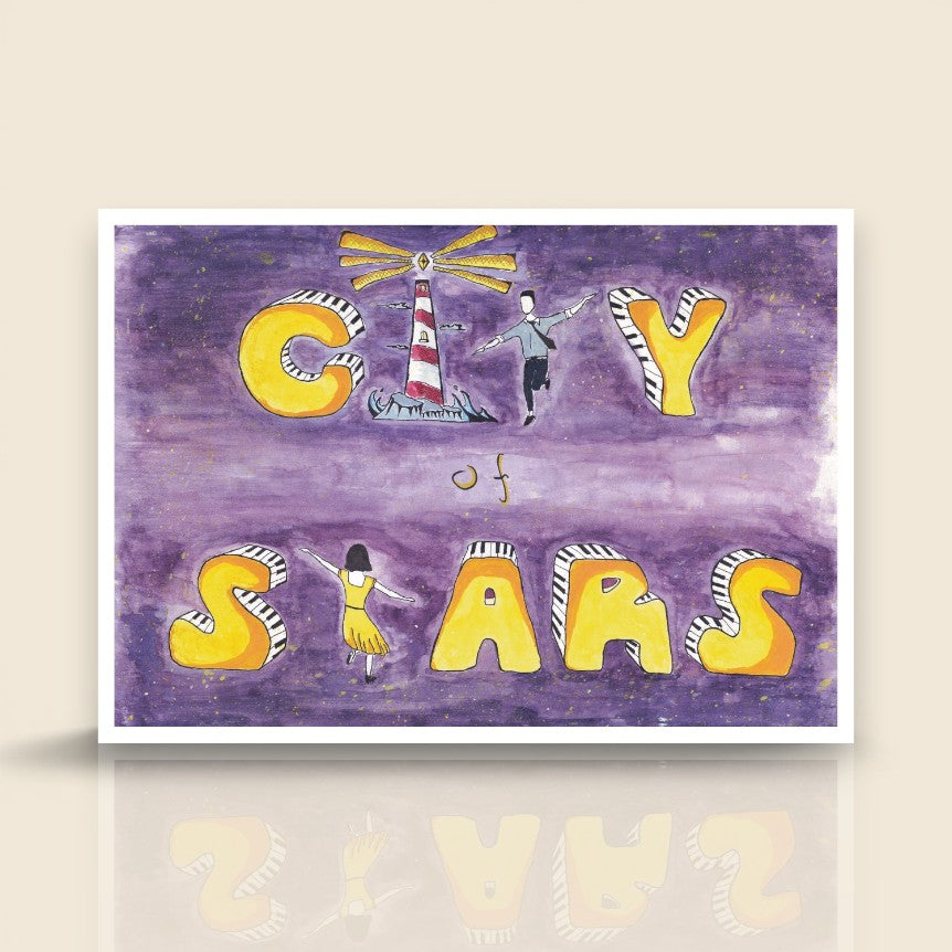 City of Stars art print featuring a dreamy watercolor illustration inspired by music and cinema