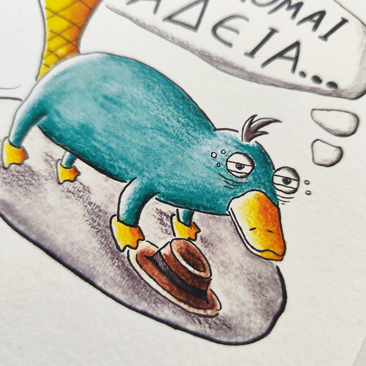 Close-up view of Exhausted Spy art print showing watercolor textures and illustrated details