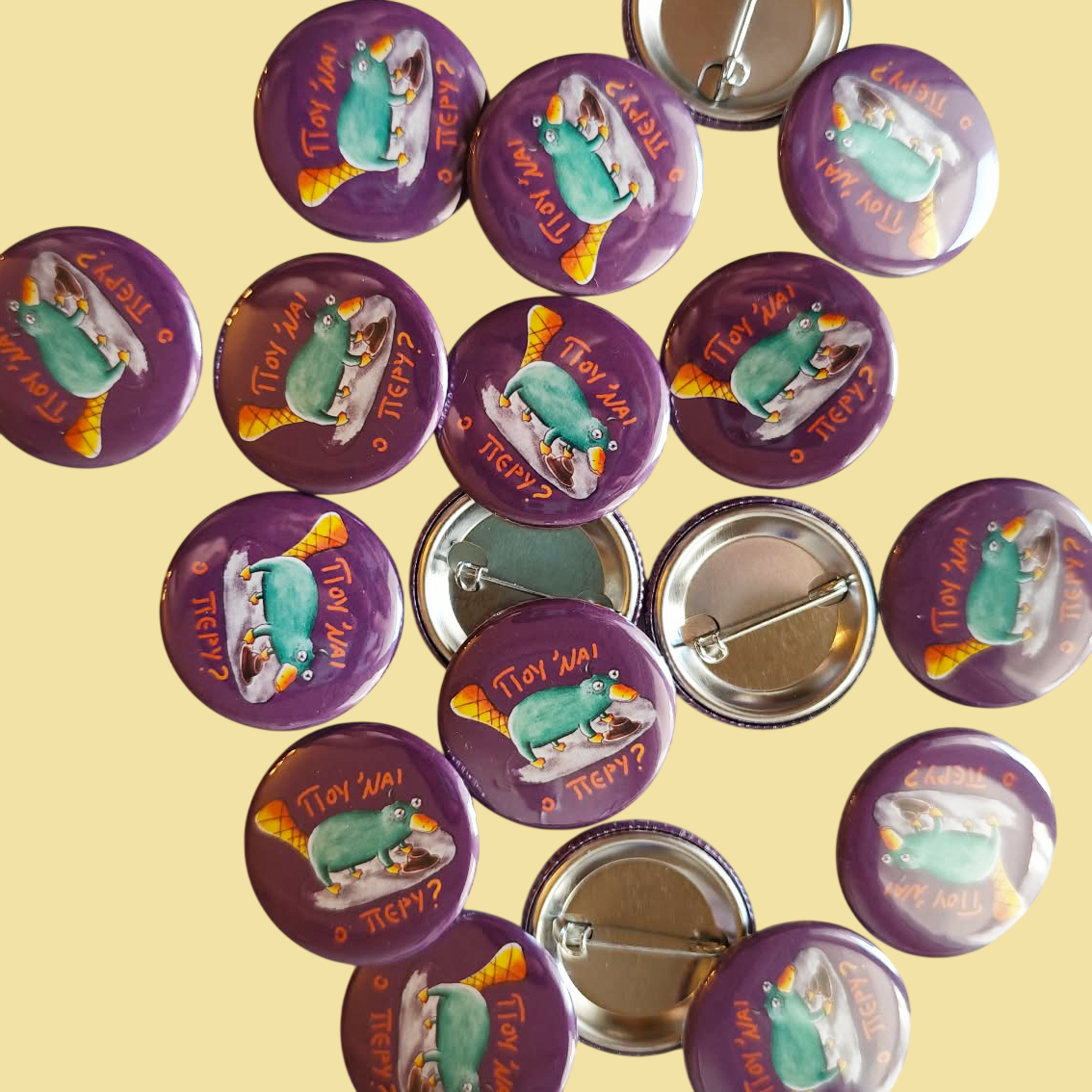 Exhausted Spy illustrated pin button displayed with other illustrated pin buttons by Sketch Stories.