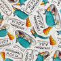 Exhausted Spy illustrated vinyl stickers displayed together.