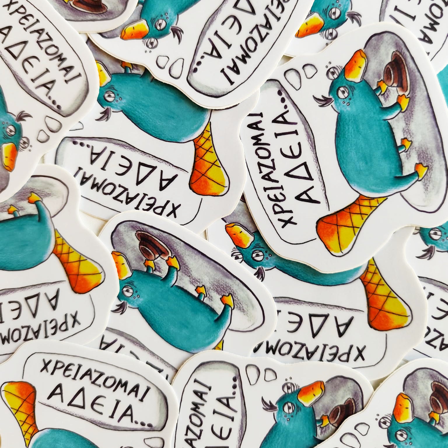 Exhausted Spy illustrated vinyl stickers displayed together.