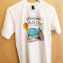 White unisex t-shirt with the hand-drawn "Exhausted Spy" design by Sketch Stories.
