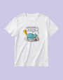 White unisex t-shirt with the hand-drawn "Exhausted Spy" design by Sketch Stories.