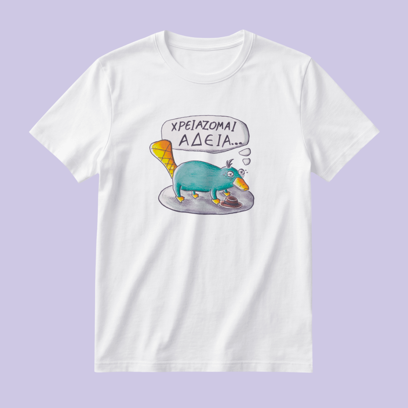 White unisex t-shirt with the hand-drawn "Exhausted Spy" design by Sketch Stories.