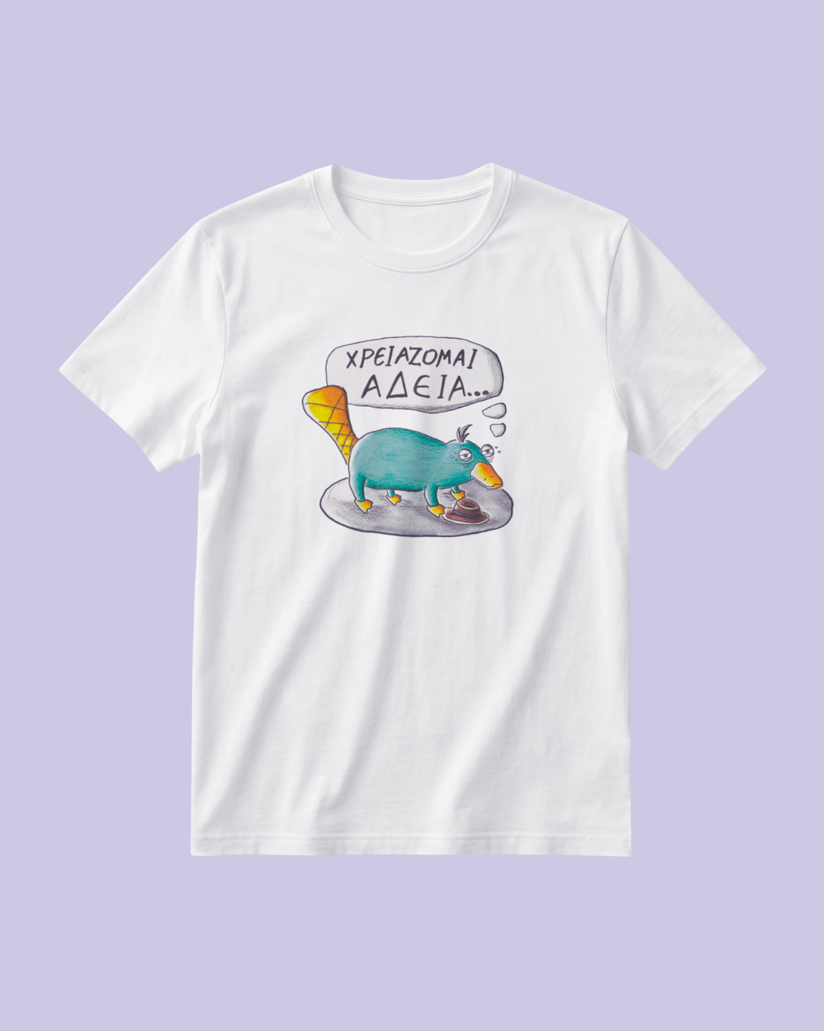 White unisex t-shirt with the hand-drawn "Exhausted Spy" design by Sketch Stories.