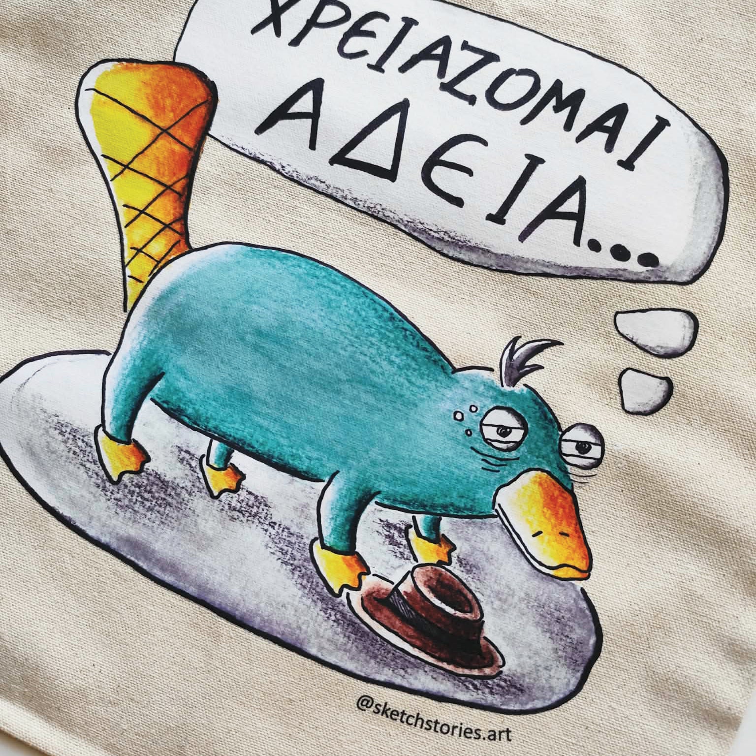 Close-up of the Exhausted Spy illustration on a cotton tote bag.