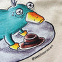 Detailed close-up of the Exhausted Spy illustration on a cotton tote bag.