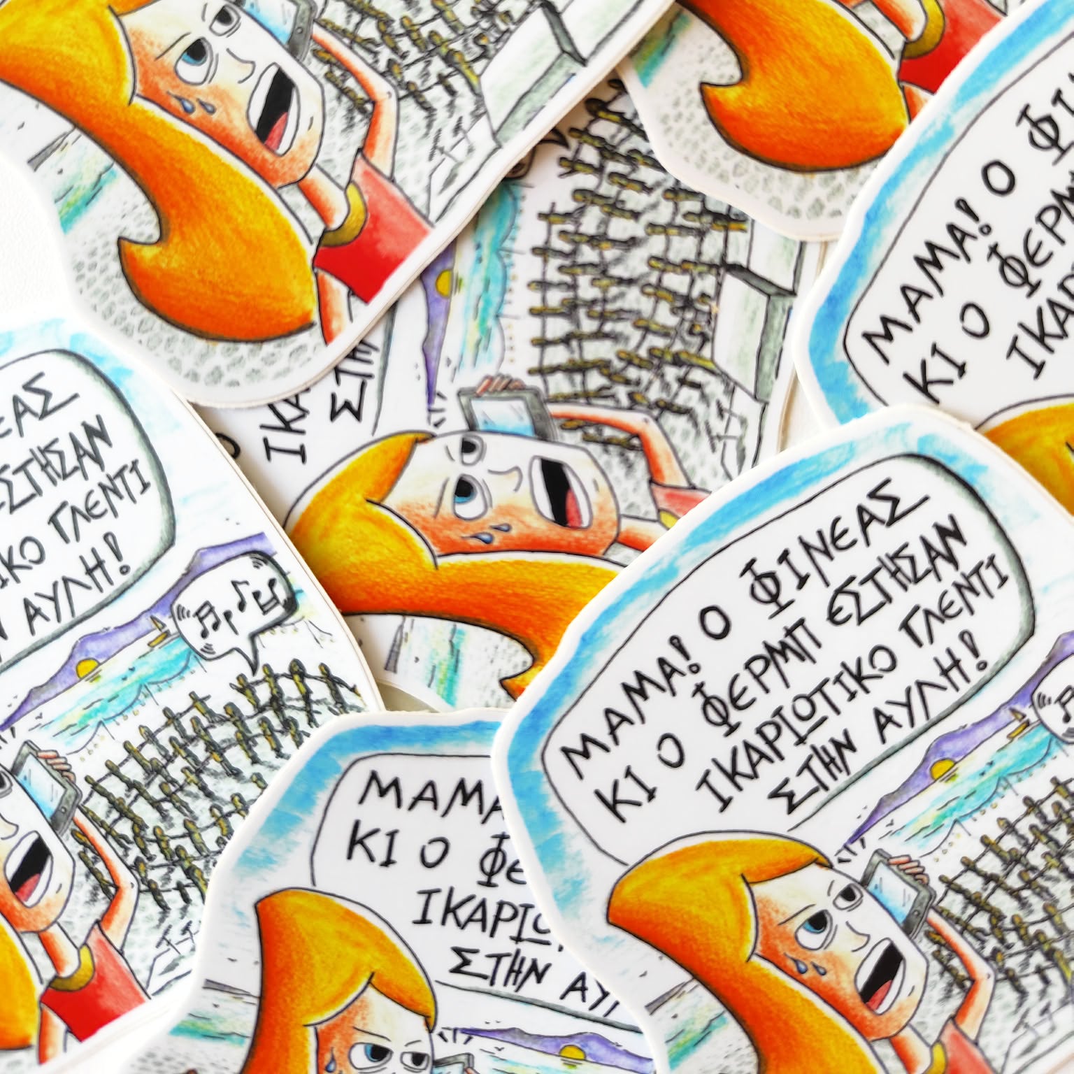 Ikarian Dance illustrated vinyl stickers displayed together.