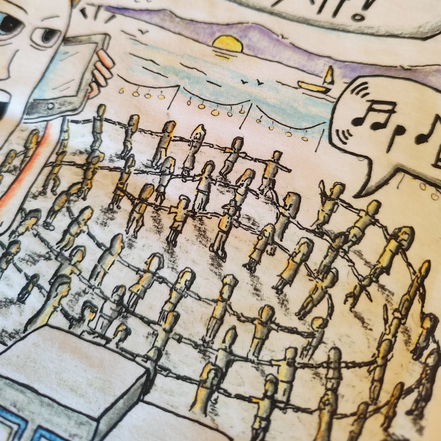 Close-up of the hand-drawn "Ikarian Dance" illustration printed on a white unisex t-shirt.