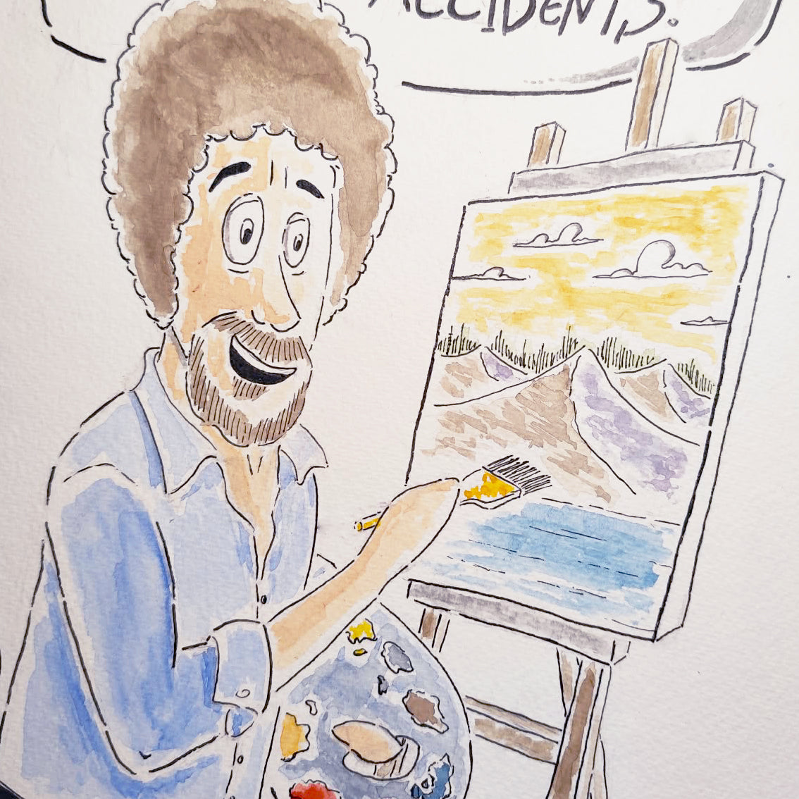 Close-up view of Joy of Painting art print showing hand-drawn watercolor details
