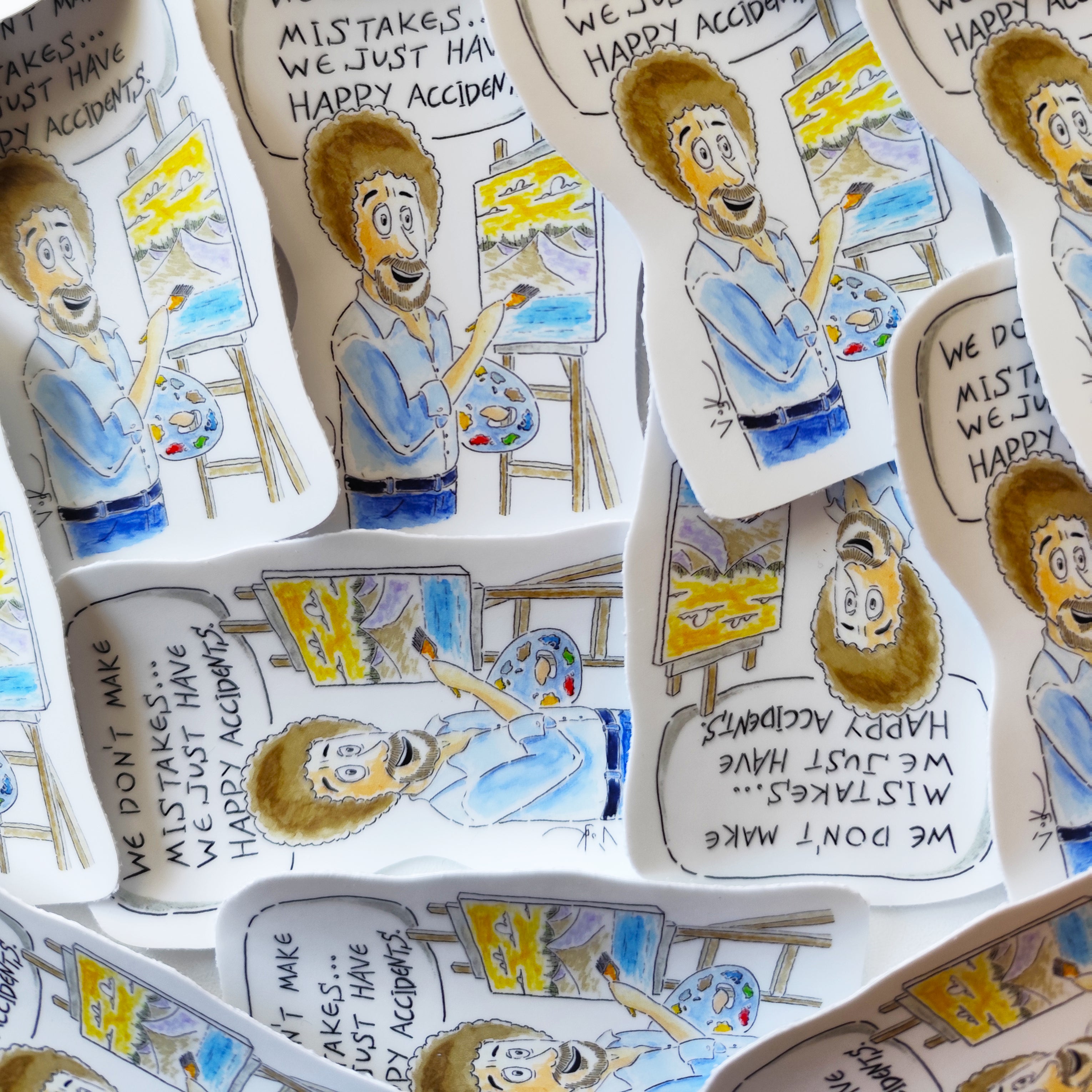 Joy of Painting illustrated vinyl stickers displayed together.
