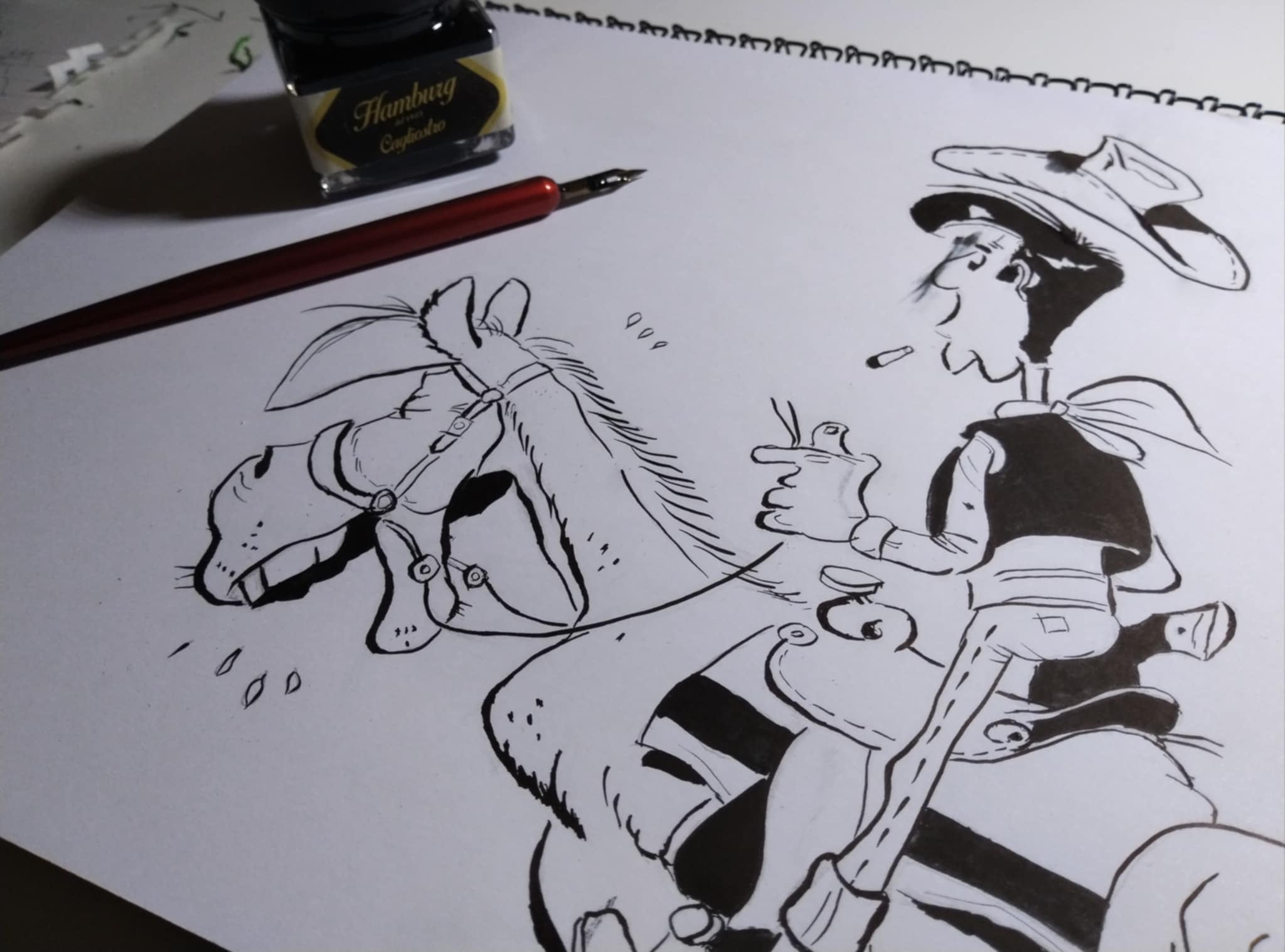 Hand-drawn ink illustration inspired by the Lucky Luke comics