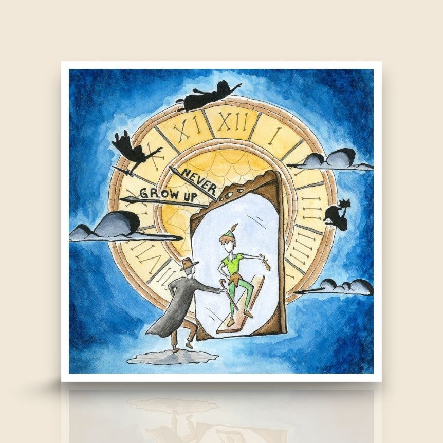 Never Grow Up art print featuring a whimsical watercolor illustration inspired by childhood dreams by Sketch Stories
