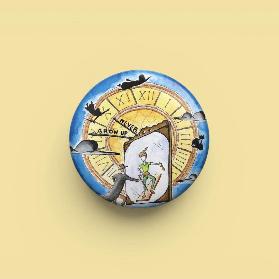 Never Grow Up illustrated pin button by Sketch Stories.