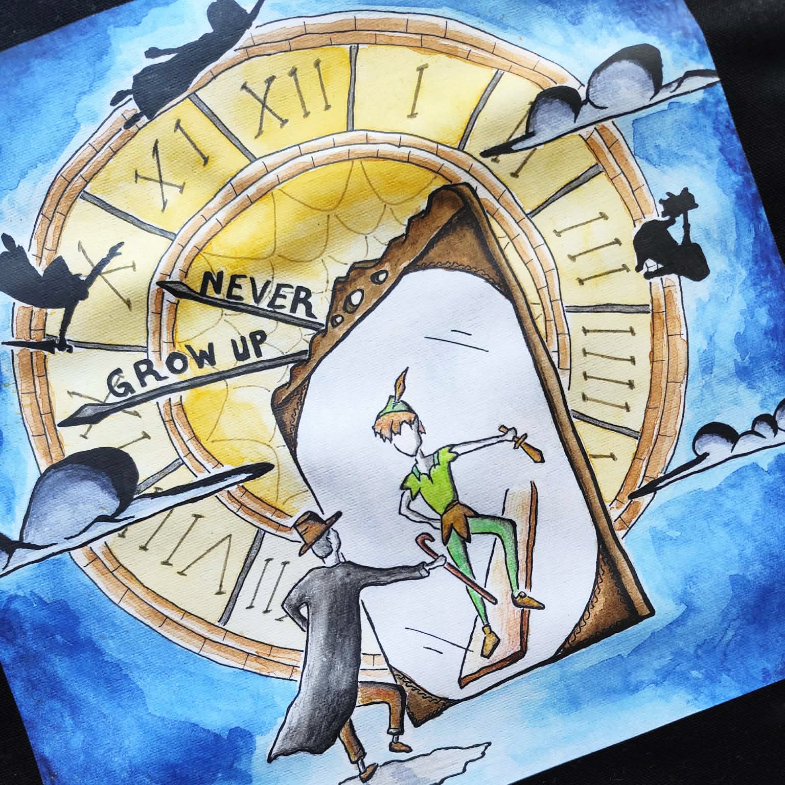 Close-up of the Never Grow Up illustration on a cotton tote bag.