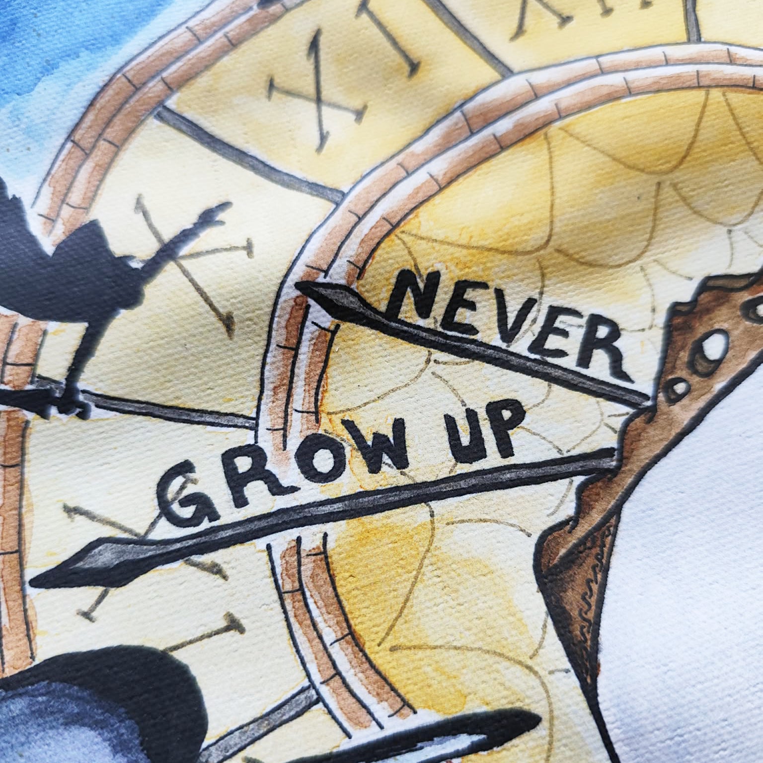 Detailed close-up of the Never Grow Up illustration on a cotton tote bag.