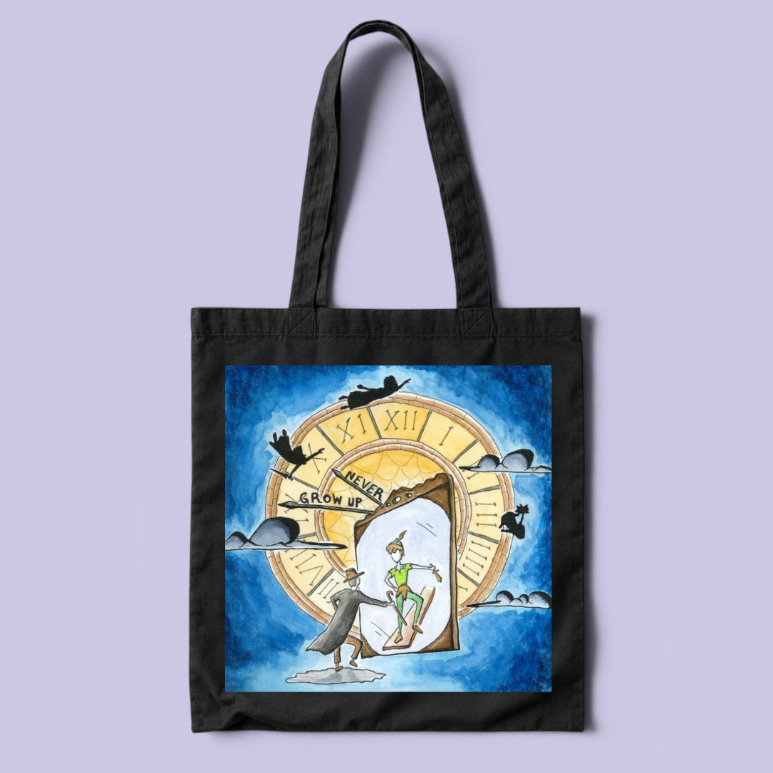 Never Grow Up illustrated tote bag.