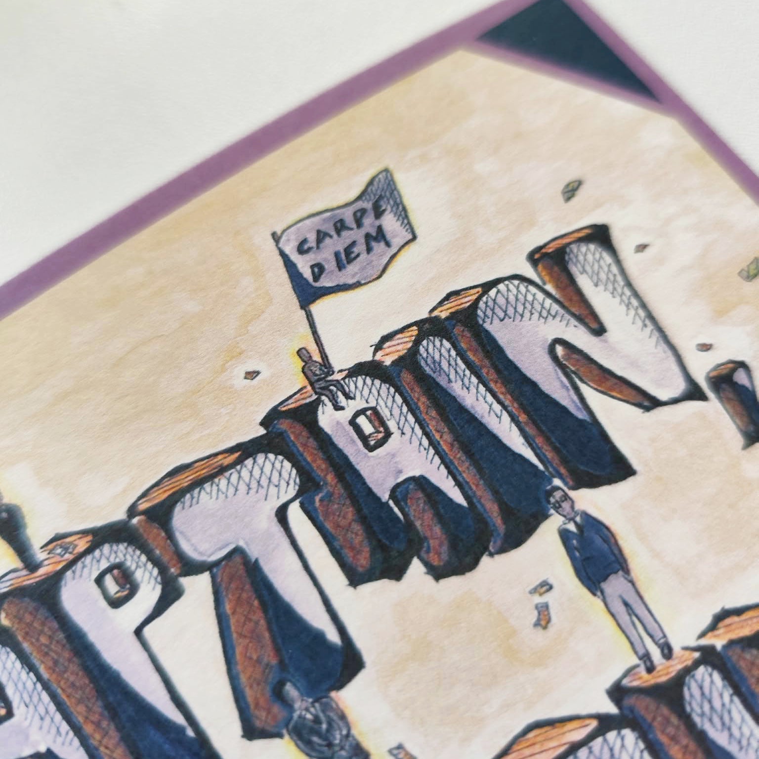 Close-up view of Oh Captain My Captain art print showing watercolor textures and illustrated details