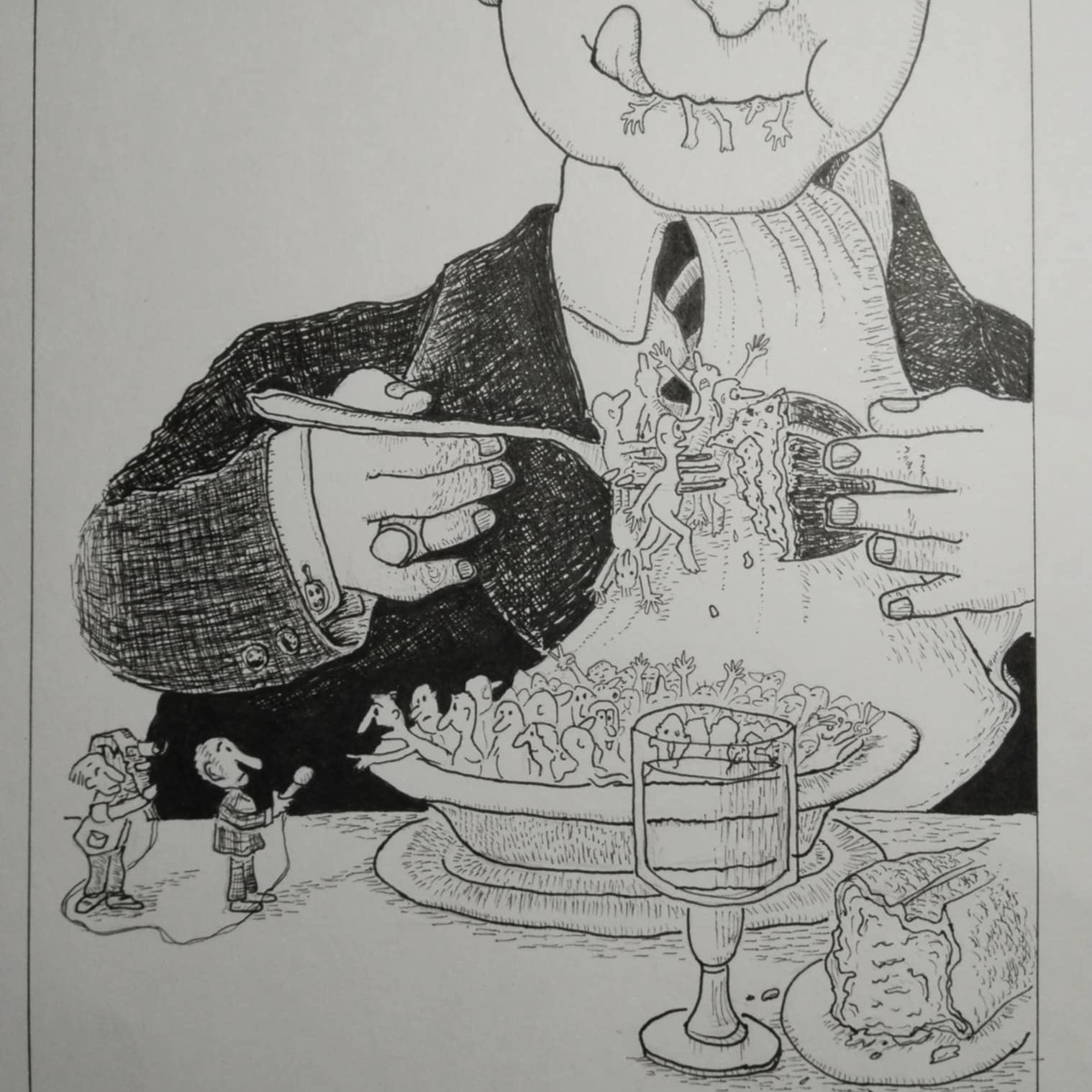 hand-drawn ink artwork inspired by Quino’s illustration style