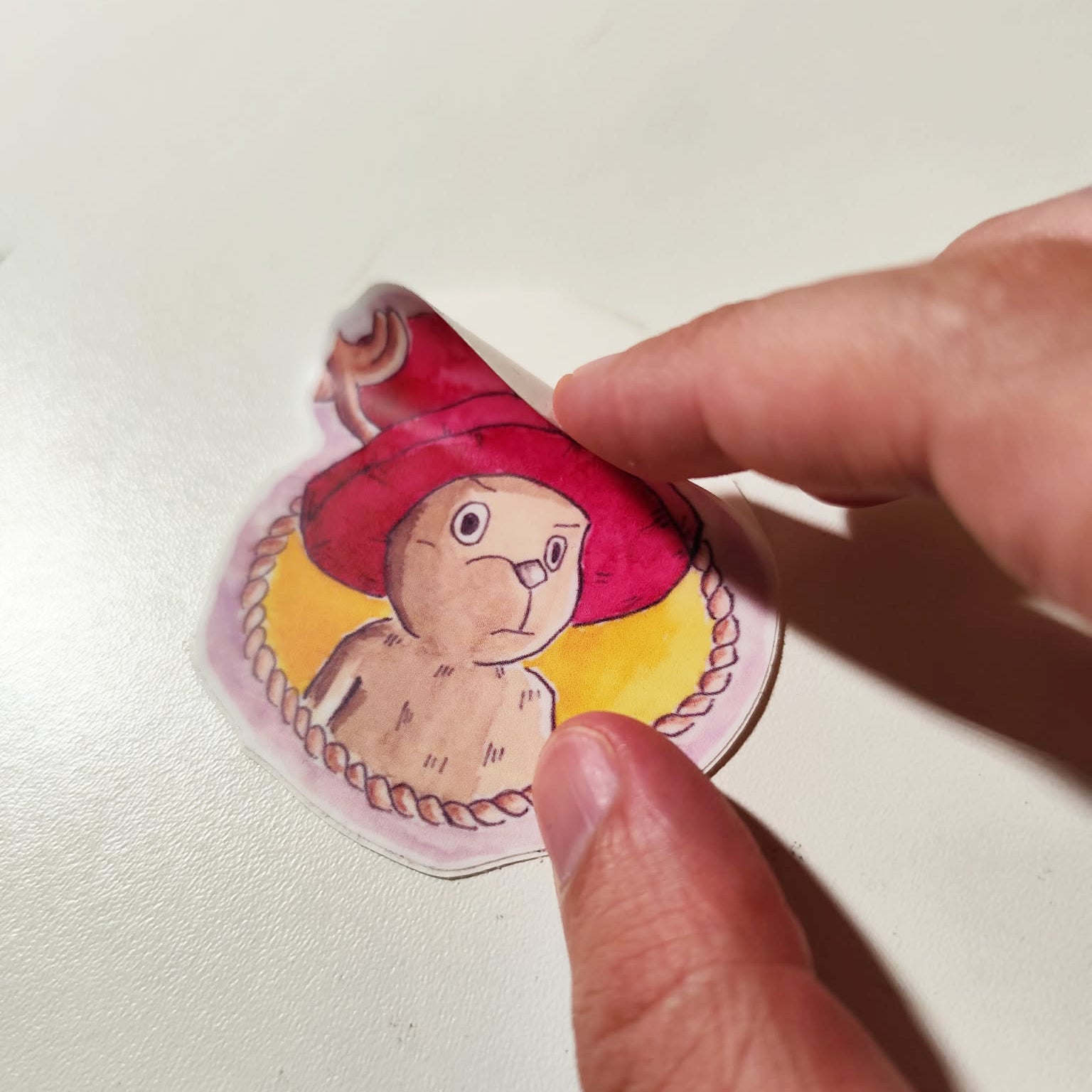 Hand applying Reindeer Companion illustrated vinyl sticker.