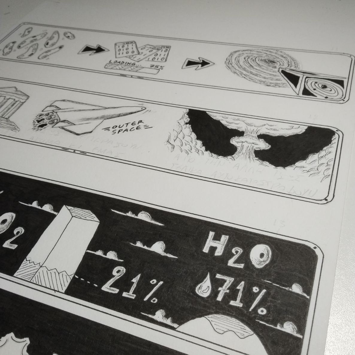 Backstage photo of a hand-drawn comic page from the “Shooting Stars” comic