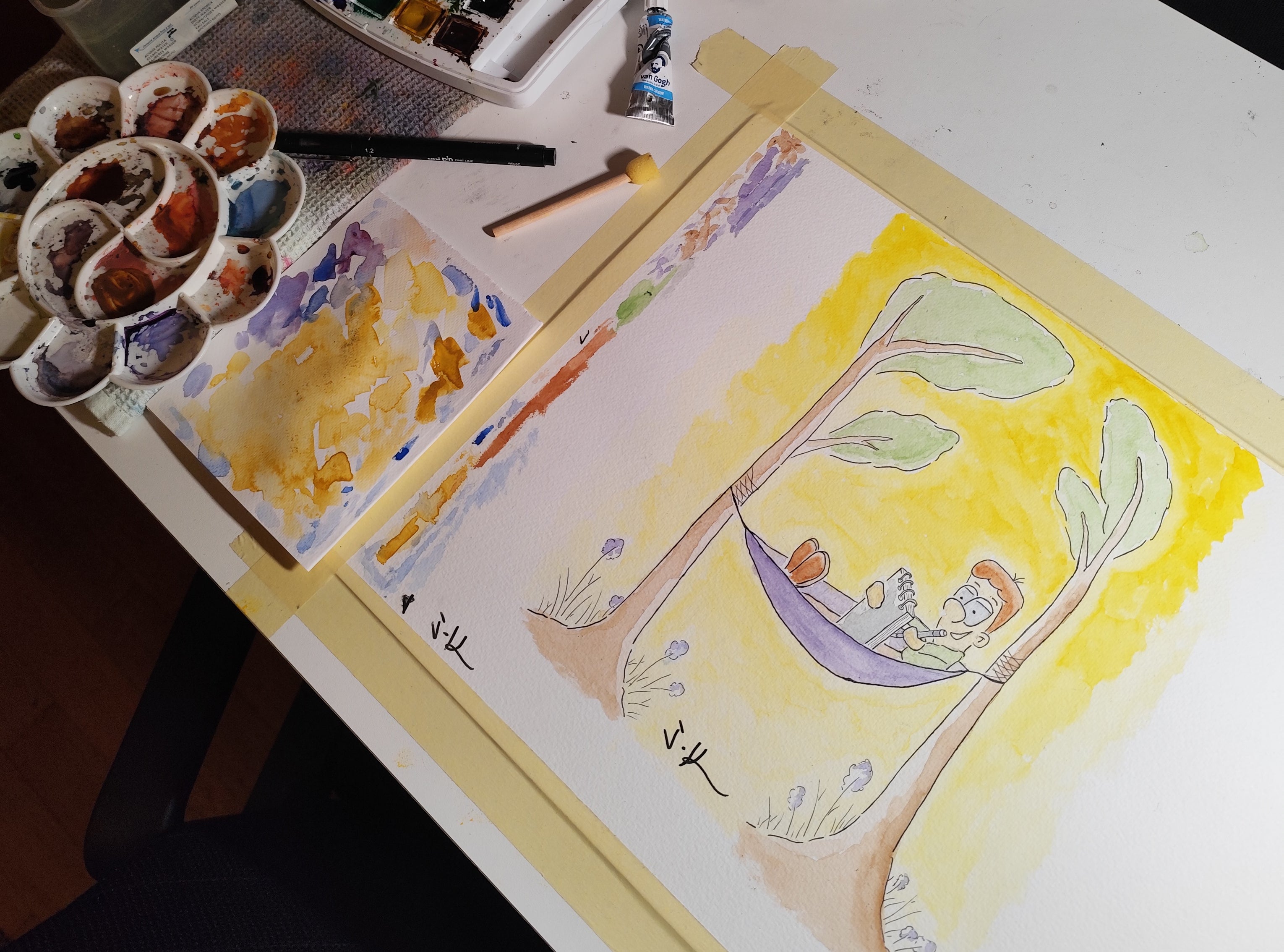 Watercolor painting workspace with hand-drawn illustration by Sketch Stories